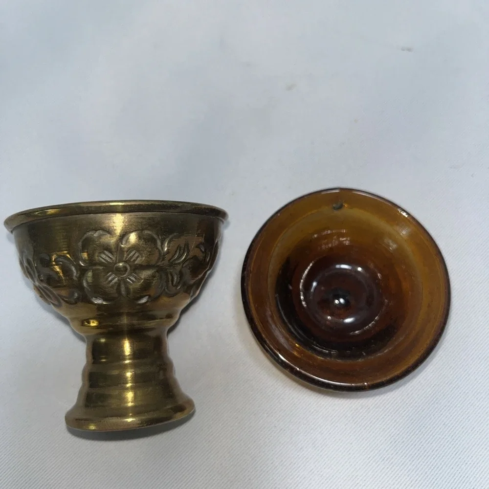 6 Piece Brass With Amber Glass Offering Bowls , Tibetan Vintage
